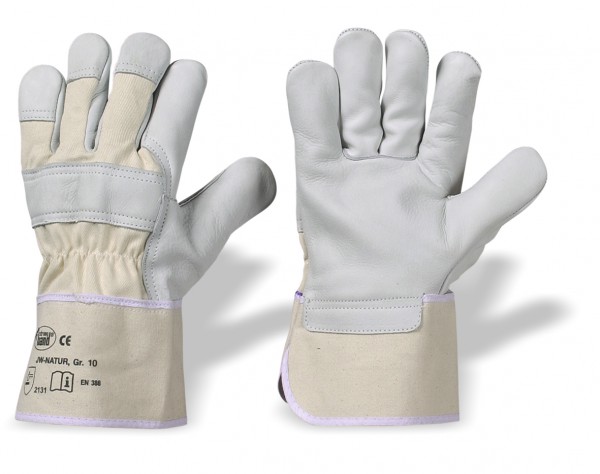 arbeit-leder-rindvollleder-grau-gummierte-stulpe-weisser-drell-gefuettert-baumwolle-baumwollruecken-zeigefinger-leder-handschuhe-hsw91258