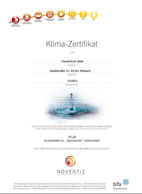 Handschuh-Welt: Klimaschutz-Zertifikat